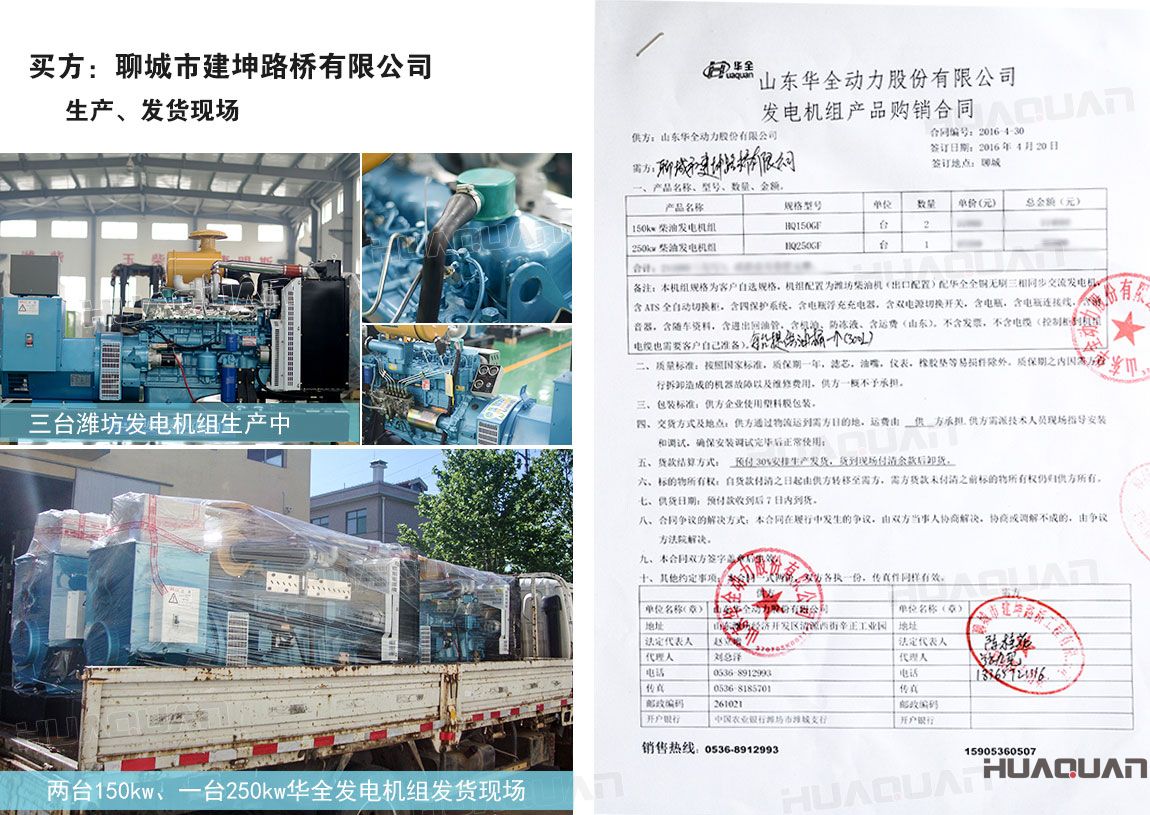 聊城市建坤路橋有限公司在華全動力分別采購150kw柴油發(fā)電機組2臺
